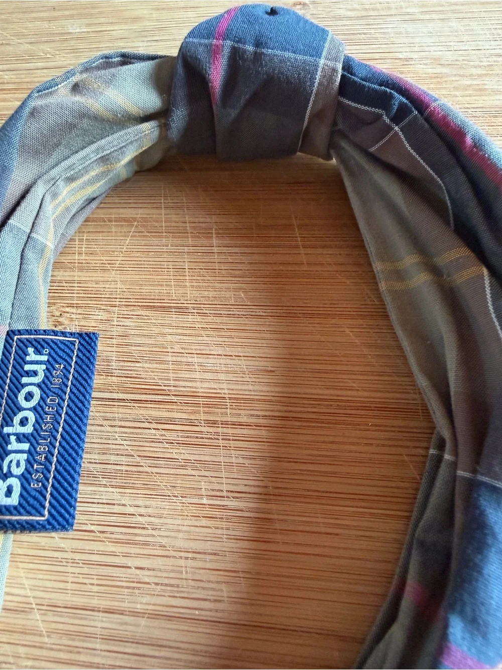 Barbour Olive and Navy Plaid Knotted Headband with Pink Stripe